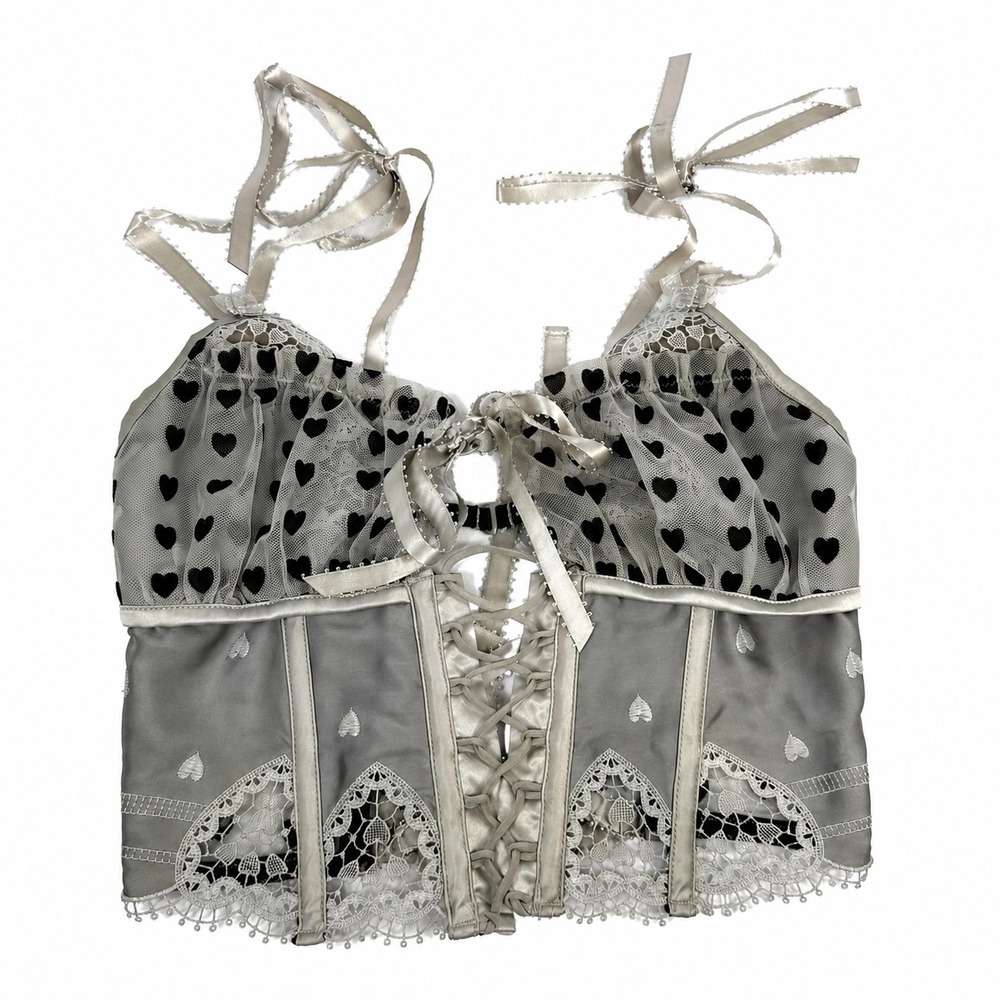 For Love & Lemons Silver Heart Mesh Lace Up Corset Top Grey XS SKSP1751